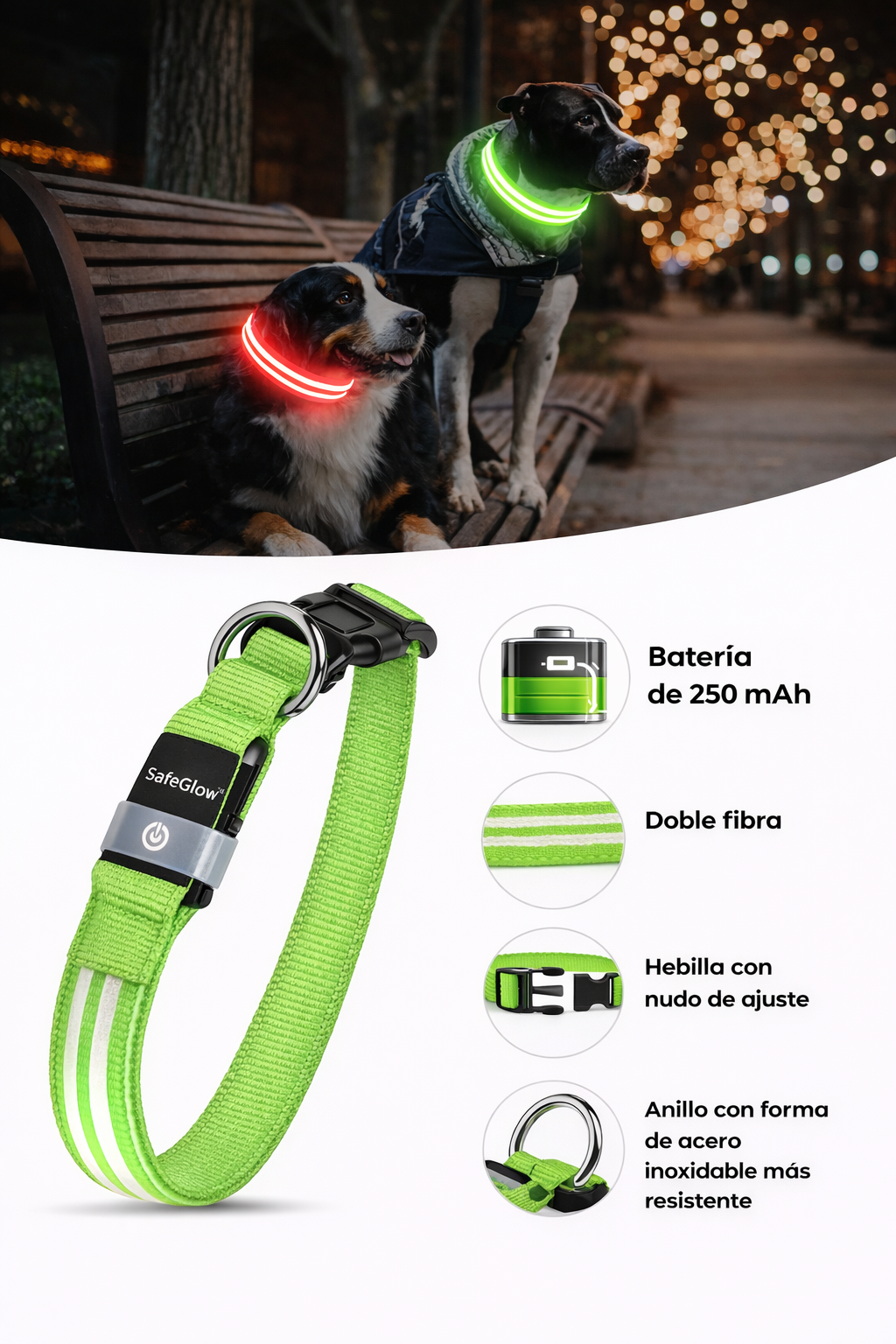 SafeGlow™ – Collar LED Protector Nocturno para Perros